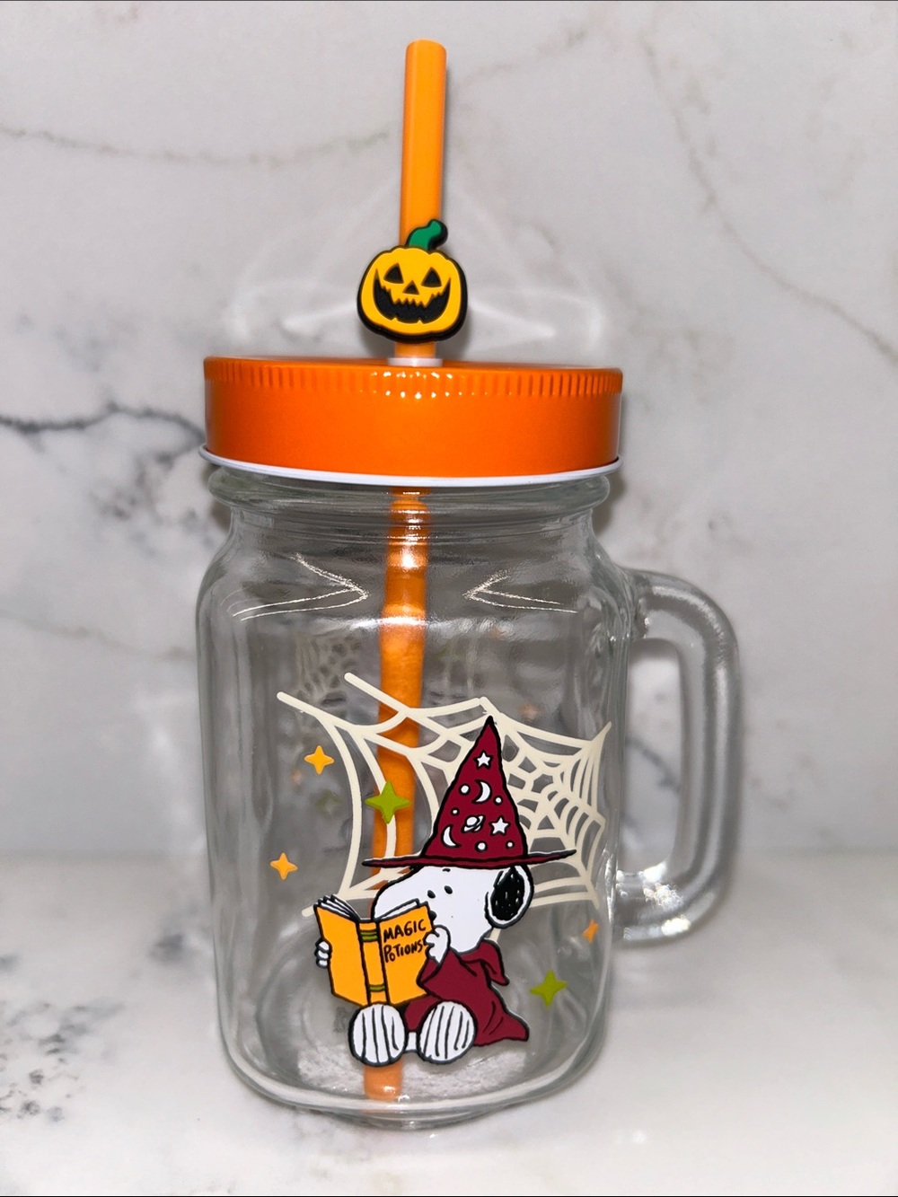 Peanuts Snoopy Halloween Mason Jar Cup with Orange Lid and straw